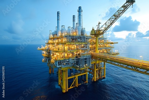 Offshore oil rig extracting and processing fossil fuel at twilight photo