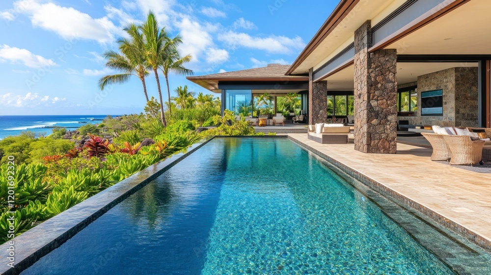Fototapeta premium Luxurious beachfront villa with large rectangular swimming pool located just steps from the shoreline background wallpaper AI generated image