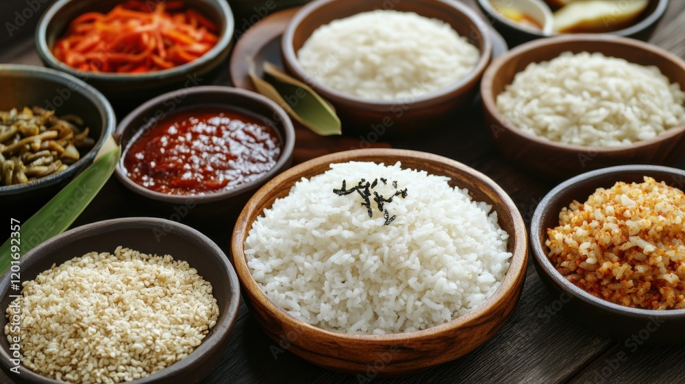 Cooked rice with various sauces and condiments. Featuring a variety of sauces on a plate with rice. Emphasizing the versatility and flavors of rice dishes. Ideal for recipe books and culinary content. Cooked rice with various sauces and condiments. Featuring a variety of sauces on a plate with rice. Emphasizing the versatility and flavors of rice dishes. Ideal for recipe books and culinary content.