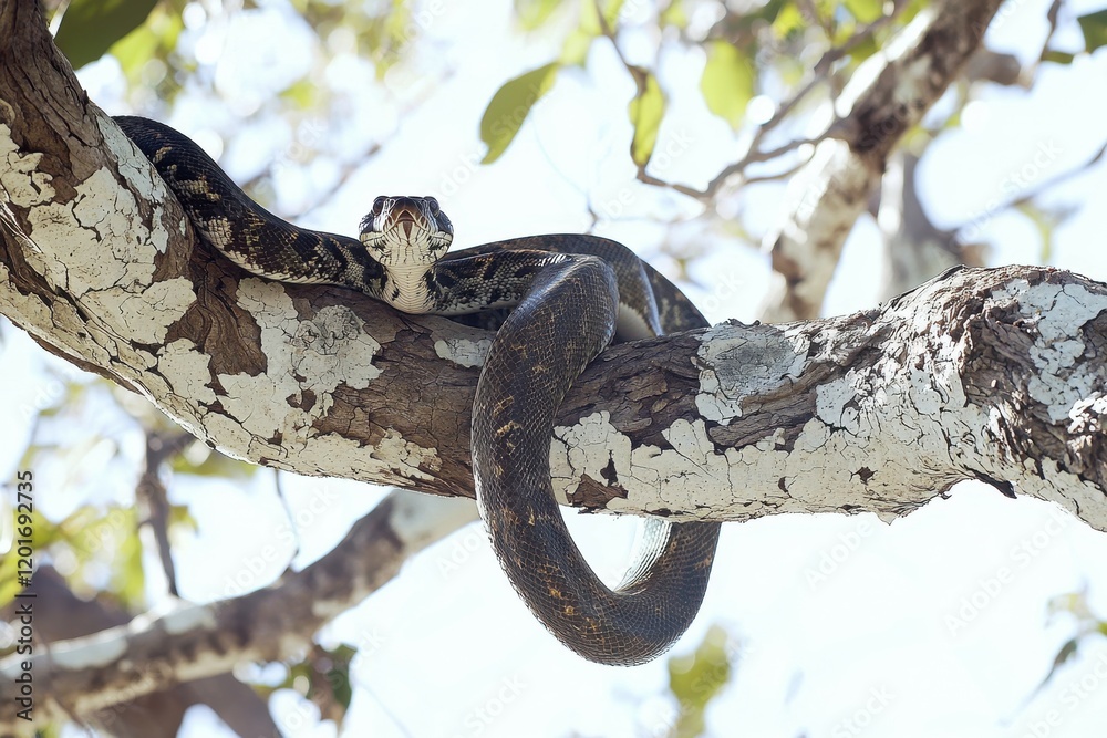 Naklejka premium An emerald boa constrictor coiled around a tree branch, its scales shimmering in the sunlight.