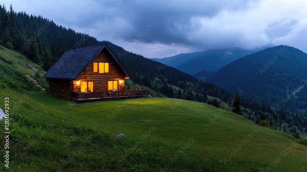 Mountain cabin at dusk, illuminated windows, scenic view, peaceful retreat, ideal for travel brochures Mountain cabin at dusk, illuminated windows, scenic view, peaceful retreat, ideal for travel brochures