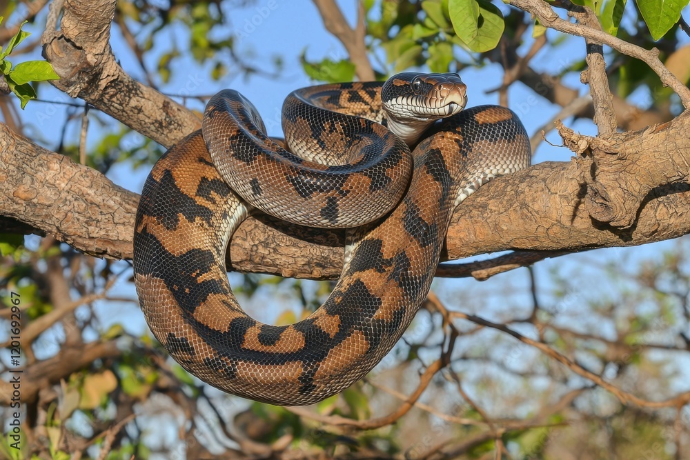 Naklejka premium An emerald boa constrictor coiled around a tree branch, its scales shimmering in the sunlight.