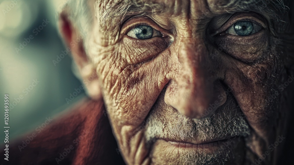 Close-up portrait of a senior man with deep-set blue eyes and weathered skin. Close-up portrait of a senior man with deep-set blue eyes and weathered skin.