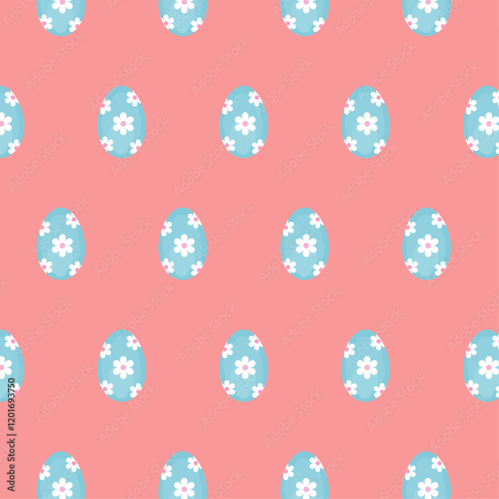 Seamless Easter pattern. Blue Easter egg with white flowers on a pink background. Print for packaging and wrapping paper. Vector illustration. Ornament for a gift bag. Seamless Easter pattern. Blue Easter egg with white flowers on a pink background. Print for packaging and wrapping paper. Vector illustration. Ornament for a gift bag.