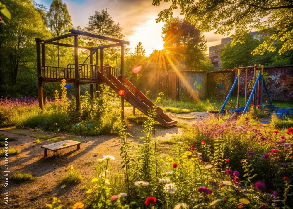 Spring's vibrant flowers and graffiti contrast with the sunlit decay of an abandoned playground, a perfect urban exploration photo op.