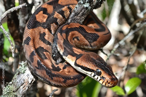 An emerald boa constrictor coiled around a tree branch, its scales shimmering in the sunlight.