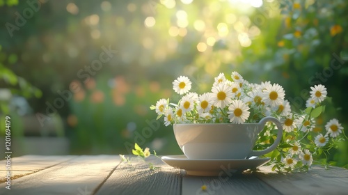 Wallpaper Mural Morning Blooms: A rustic wooden table holds a delicate white teacup overflowing with fresh chamomile daisies, bathed in the soft golden light of a summer morning. Torontodigital.ca