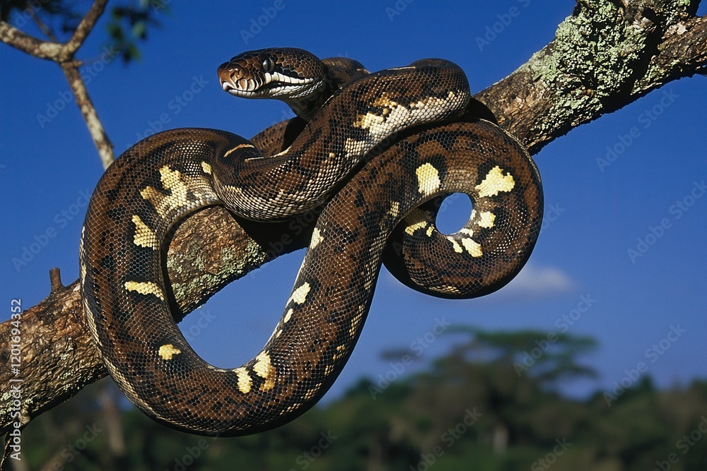 An emerald boa constrictor coiled around a tree branch, its scales shimmering in the sunlight. An emerald boa constrictor coiled around a tree branch, its scales shimmering in the sunlight.