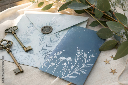 Wallpaper Mural Floral blue wedding invitation set with vintage-style keys and foliage, ideal for rustic weddings, event planning, or stationery branding Torontodigital.ca