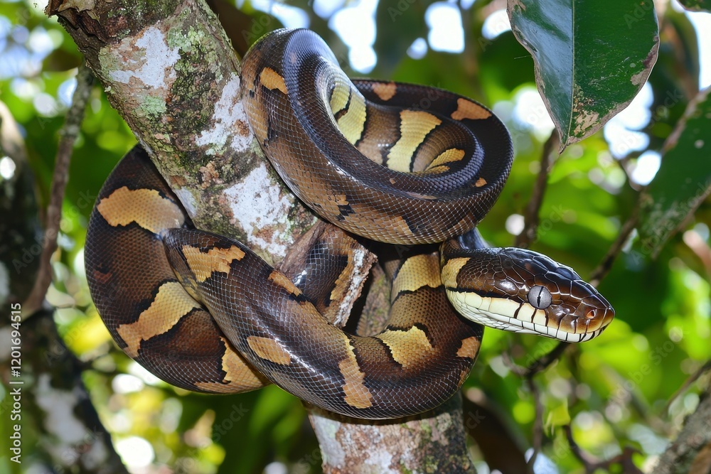 Fototapeta premium An emerald boa constrictor coiled around a tree branch, its scales shimmering in the sunlight.