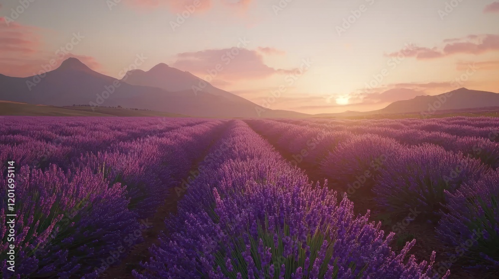 Sunset over a vast lavender field with mountains in the distance. Sunset over a vast lavender field with mountains in the distance.