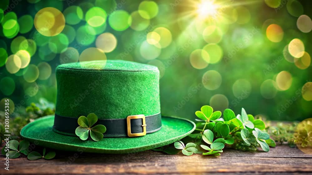 Green shamrock hat with clover leaf on wooden table with green bokeh background, St. Patrick's Day holiday concept	