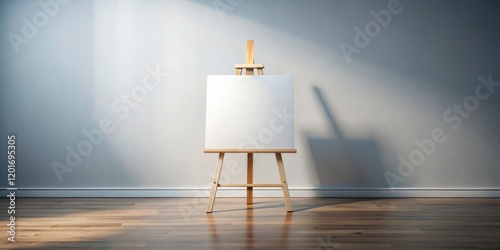 Studio easel, bathed in light, presents a pristine square canvas; ready for your masterpiece.  Creative space invites your brushstrokes.