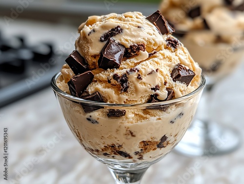 A glass bowl filled with ice cream topped with chocolate chips photo