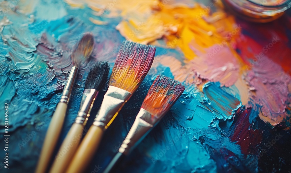 Fototapeta premium Colorful paintbrushes on artist's palette