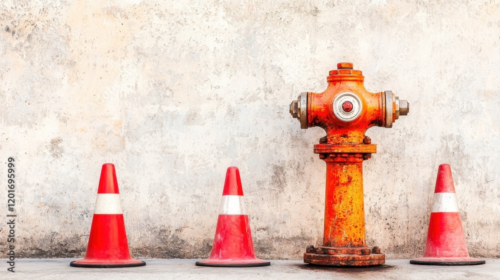 Outdoor fire hydrant equipment. A vibrant orange fire hydrant stands between three red safety cones against a textured wall. Outdoor fire hydrant equipment. A vibrant orange fire hydrant stands between three red safety cones against a textured wall.