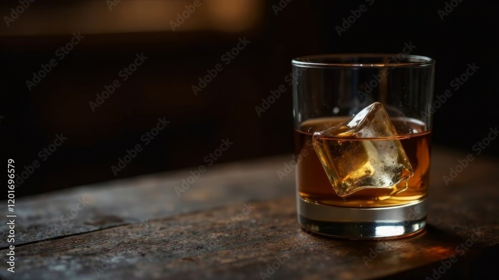 Whiskey with ice cubes on a dark background stands on a wooden table on the right side of the frame Whiskey with ice cubes on a dark background stands on a wooden table on the right side of the frame