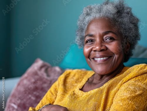 Smiling Elderly Woman on Couch
