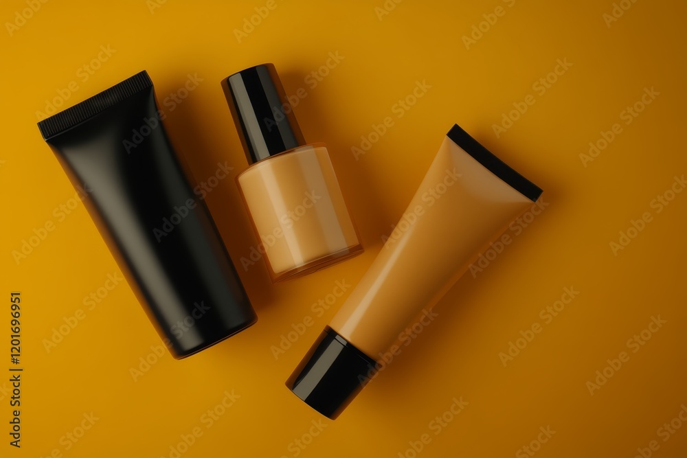 Cosmetic products arranged on a vibrant yellow surface showcasing various container designs and textures Cosmetic products arranged on a vibrant yellow surface showcasing various container designs and textures