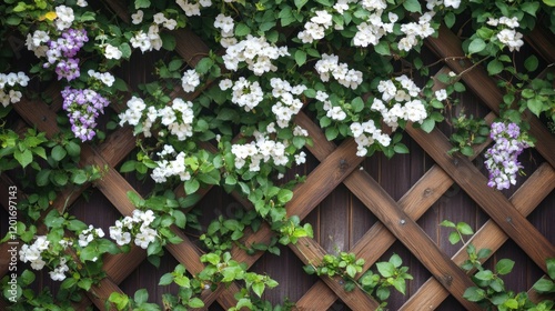 White and purple flowers climbing on wooden trellis structure in a garden setting