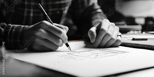 A graphic designer working on a logo for a construction company, sketching a strong, professional design.