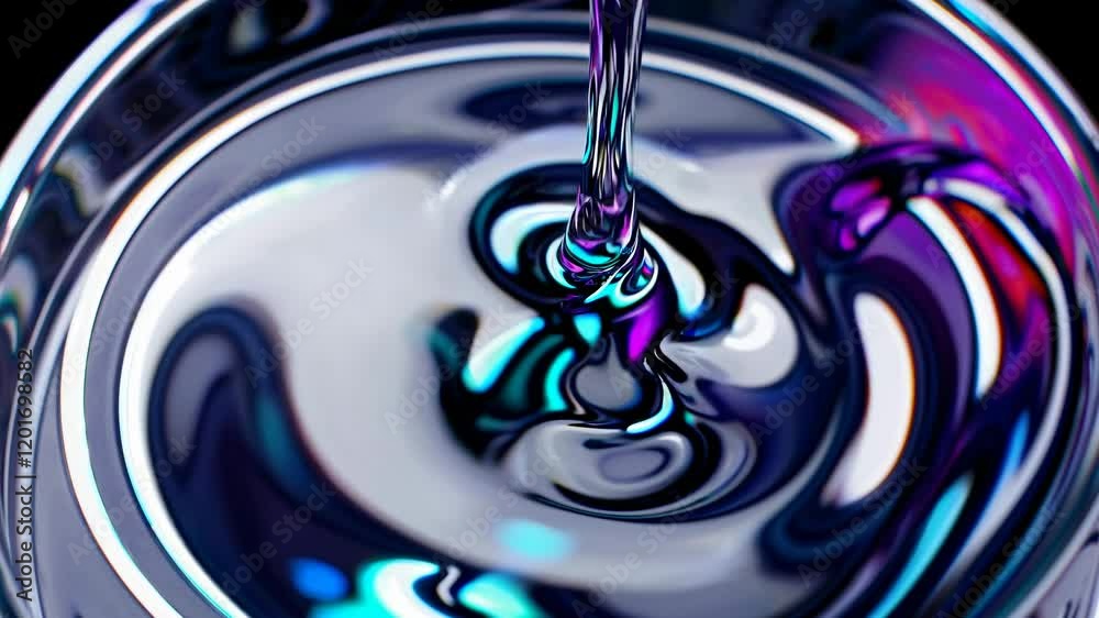 Metallic, iridescent liquid swirls and mixes, creating mesmerizing colorful patterns and textures, resembling oil paints or inks blending seamlessly