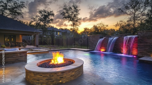 The pool shimmers with golden and crimson hues as the sunset reflects on its still surface, creating a mirror of the fiery sky