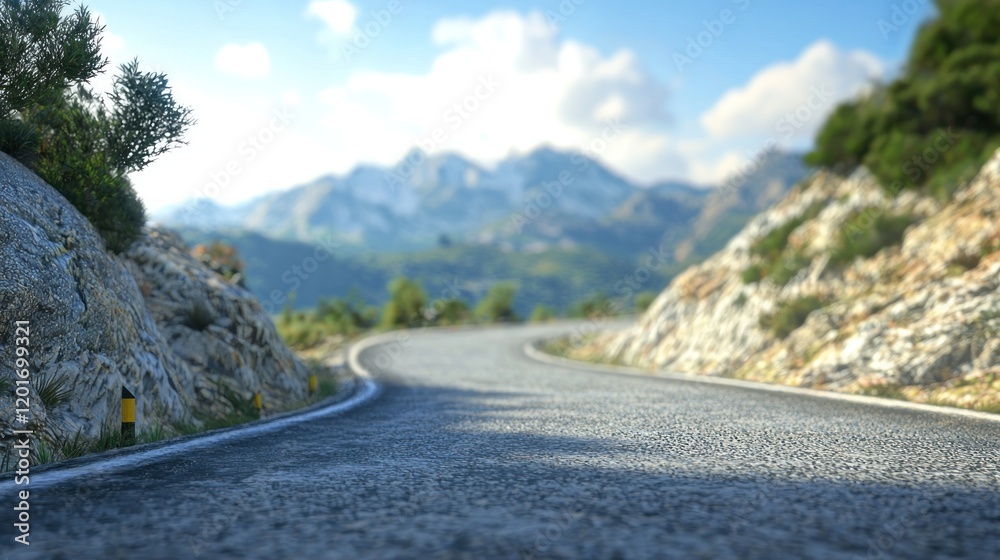 Fototapeta premium Serene Mountain Road Trip: Winding Asphalt Path Through Majestic Peaks