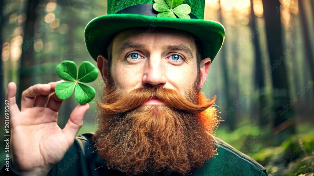 A red-beared fantasy leprechaun man in a green hat with shamrocks leaf in hand in magical forest with light of sun, St. Patrick's Day concept	
