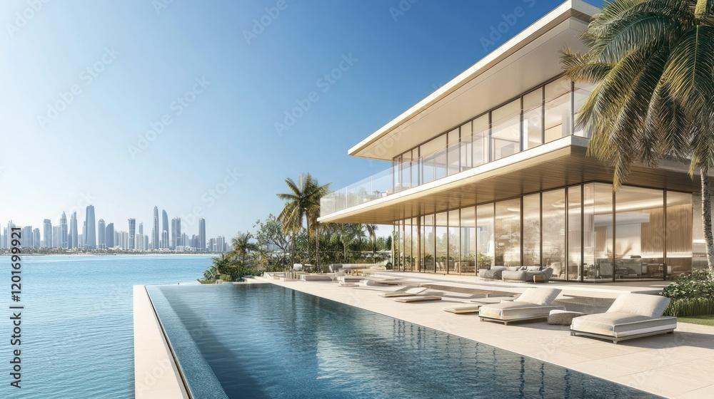 Fototapeta premium Luxurious beachfront villa with large rectangular swimming pool located just steps from the shoreline background wallpaper AI generated image