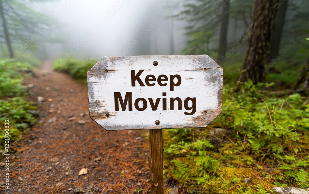 A weathered sign in a misty forest encourages hikers to A weathered sign in a misty forest encourages hikers to