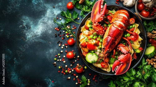 A plated dish of linguine topped with a half lobster, photo