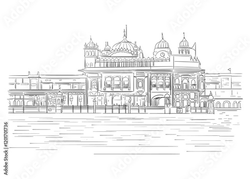 Sikh Gurdwara Golden Temple (Harmandir Sahib). Sketch of golden temple, Holy place of Sikihism. Amritsar, Punjab, India