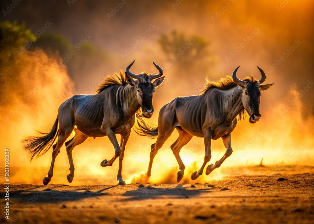 Naklejka premium Wildebeest Running, African Savanna, High-Resolution Stock Photo, Wildlife Photography, Action Scene