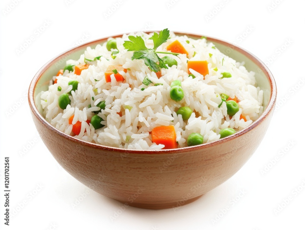 Cooked rice with vegetables in a bowl. Steamed white rice mixed with fresh vegetables in a ceramic bowl. Emphasizing health and balanced nutrition. Ideal for food blogs and vegetarian recipes. Cooked rice with vegetables in a bowl. Steamed white rice mixed with fresh vegetables in a ceramic bowl. Emphasizing health and balanced nutrition. Ideal for food blogs and vegetarian recipes.