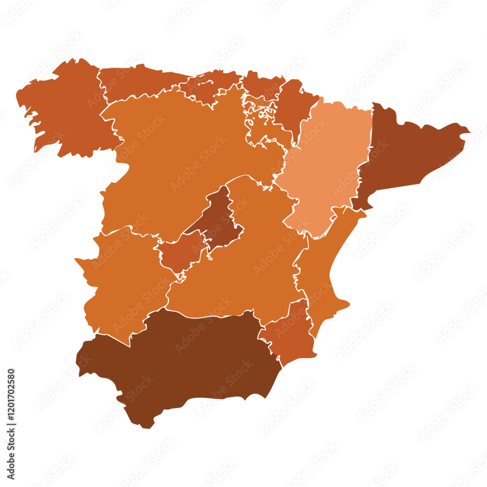 Illustrative map of Spain showing individual regions in a simplified color-coded and outlined style, Illustrative map of Spain showing individual regions in a simplified color-coded and outlined style,