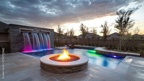  Nearby, a crackling fireplace casts a warm, flickering glow, blending seamlessly with the fading light and adding a touch of enchantment to the serene evening.