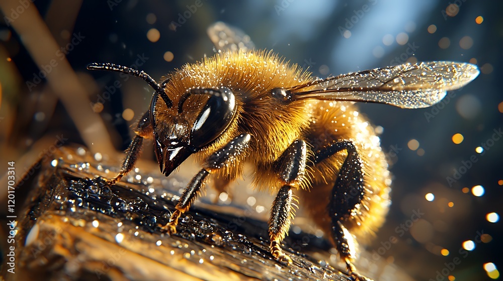 Naklejka premium Close-up of a bee collecting nectar on a wooden surface, with sparkling droplets in the background