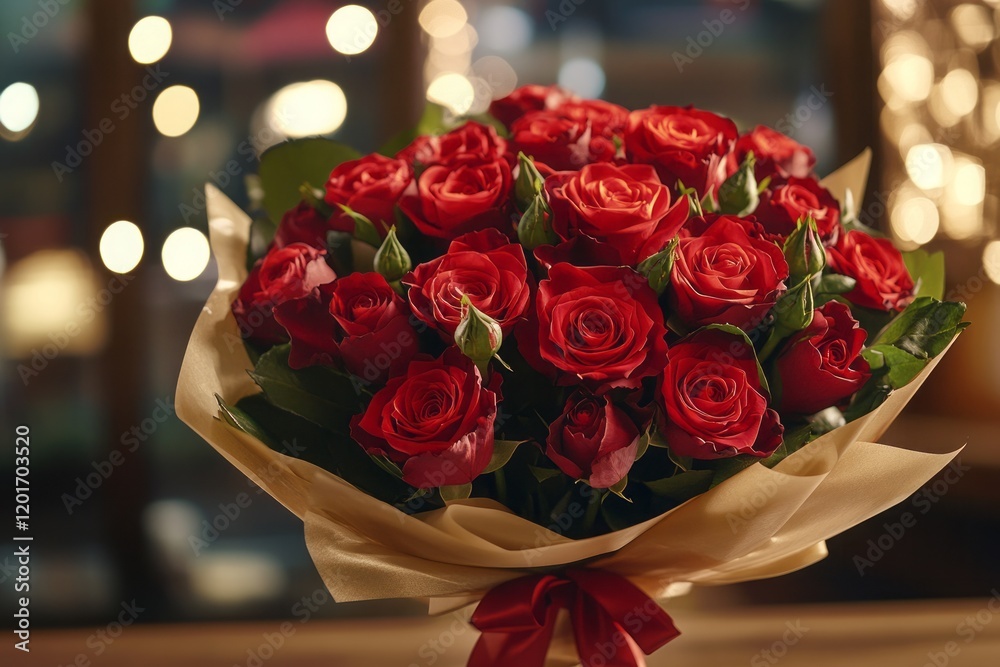 Obraz premium Elegant Red Rose Bouquet with Green Leaves and Soft Background