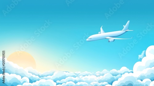 Airplane flying above the clouds with a clear blue sky