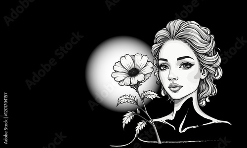 illustration of woman and flowers black beground valentine's day woman