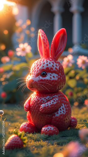 Adorable Strawberry Rabbit Sculpture on Grass
