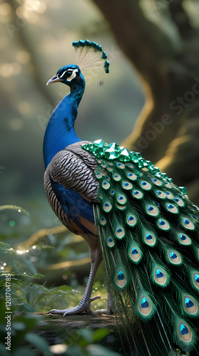 Elegant Peacock with Vibrant Tail Feathers in Nature