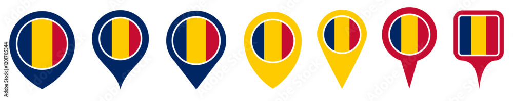 Fototapeta premium set vector Location pin romania flag icon. Country location symbol Map markers design template illustration