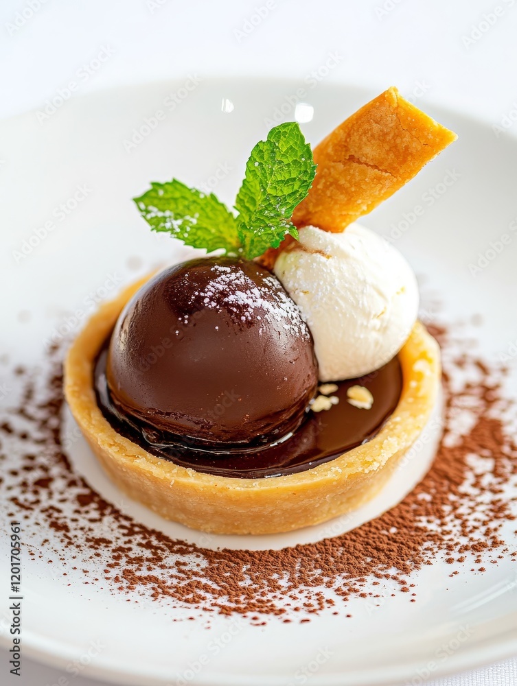 Delicious Chocolate Tart Dessert with Mint - Indulgent chocolate tart, creamy ice cream, crunchy pastry, refreshing mint, cocoa dusting. A symphony of textures and flavors. Delicious Chocolate Tart Dessert with Mint - Indulgent chocolate tart, creamy ice cream, crunchy pastry, refreshing mint, cocoa dusting. A symphony of textures and flavors.