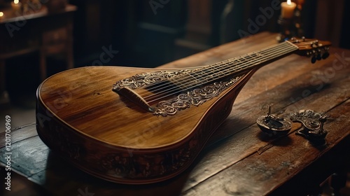 Ornate lute on antique wooden table.