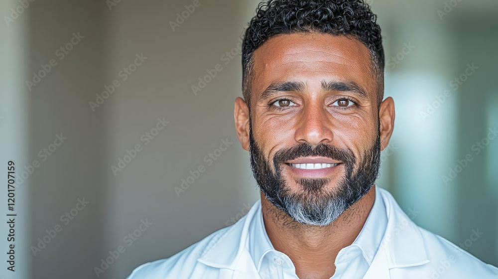 Fototapeta premium Smiling male doctor with a beard wearing a white lab coat in a bright clinic hallway.