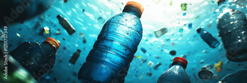 Plastic waste in the sea. Pollution of the world's oceans, marine debris. Marine junk. Plastic trash bottles in the ocean water. Plastic marine debris. Plastic pollution of the sea.