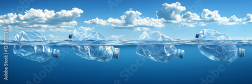 Plastic waste in the sea. Pollution of the world's oceans, marine debris. Marine junk. Plastic trash bottles in the ocean water. Plastic marine debris. Plastic pollution of the sea.