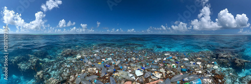 Plastic waste in the sea. Pollution of the world's oceans, marine debris. Marine junk. Plastic trash bottles in the ocean water. Plastic marine debris. Plastic pollution of the sea.
